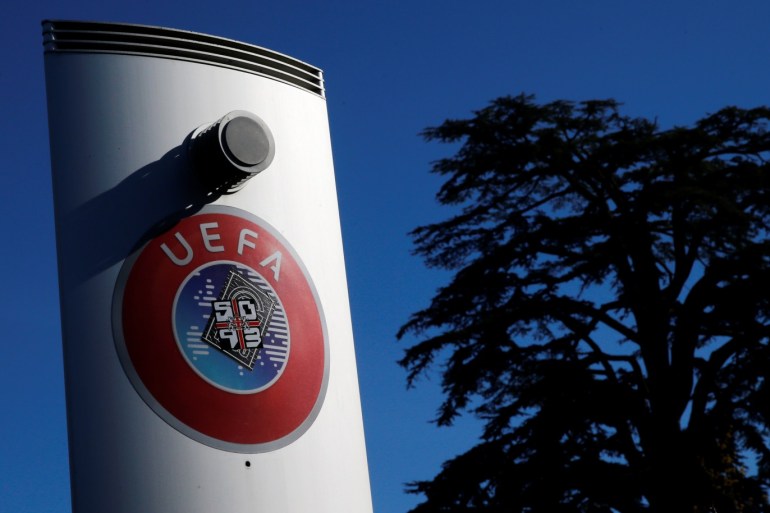 A logo is pictured outside the UEFA in Nyon, Switzerland, February 28, 2020. Picture taken February 28, 2020. REUTERS/Denis Balibouse