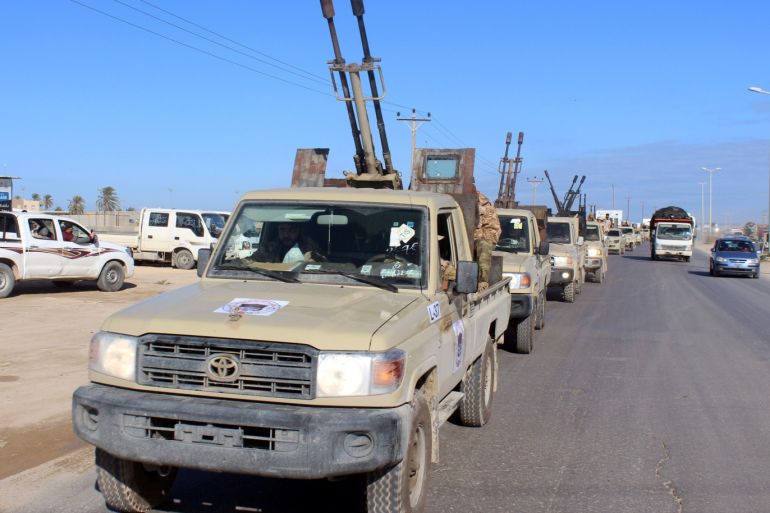Military vehicles of the Libyan internationally recognised government forces head out to the front line from Misrata, Libya February 3, 2020. REUTERS/Ayman Al-SahiliREUTERS03/02/2020