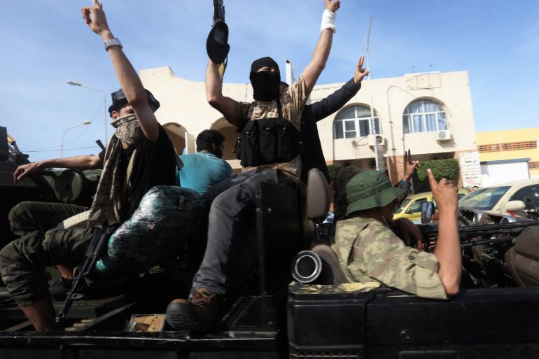 Libya's GNA seize Sabratha and Surman- - SABRATHA, LIBYA - APRIL 13: Libya's Government of National Accord forces celebrate after taking control of Sabratha and its Surman town from warlord Khalifa Haftar’s forces within