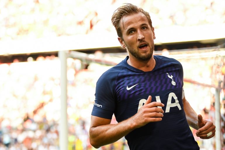 Real Madrid v Tottenham Hotspur - Audi Cup 2019 Semi Final- - MUNICH, GERMANY - JULY 30: Harry Kane of Tottenham reacts to his goal during the Audi Cup semi final soccer match between Real Madrid and Tottenham Hotspur at the Allianz Arena in Munich, Germany, on July 30, 2019.