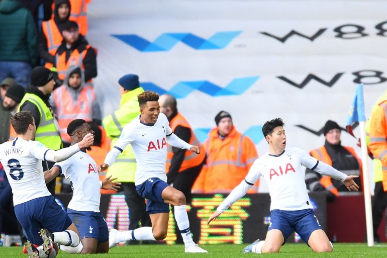 BIRMINGHAM, ENGLAND - FEBRUARY 16: Heung-Min Son of Tottenham Hotspur celebrates with team mates after scoring his sides third goal during the Premier League match between Aston Villa and Tottenham Hotspur at Villa Park on February 16, 2020 in Birmingham, United Kingdom. (Photo by Laurence Griffiths/Getty Images)