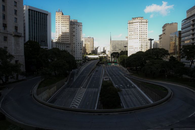 SAO PAULO, BRAZIL - APRIL 04: A deserted Viaduto do Cha in Sao Paulo city center during the coronavirus (COVID-19) pandemic on April 4, 2020 in Sao Paulo, Brazil. According to the Ministry of health, as of today, Brazil has 10.278 confirmed cases of the coronavirus (COVID-19) and at least 431 recorded deaths. (Photo by Alexandre Schneider/Getty Images)