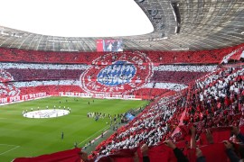 MUNICH, GERMANY - MARCH 08: Fans of Bayern Munich display a tifo prior to the Bundesliga match between FC Bayern Muenchen and FC Augsburg at Allianz Arena on March 08, 2020 in Munich, Germany. (Photo by Alexander Hassenstein/Bongarts/Getty Images)