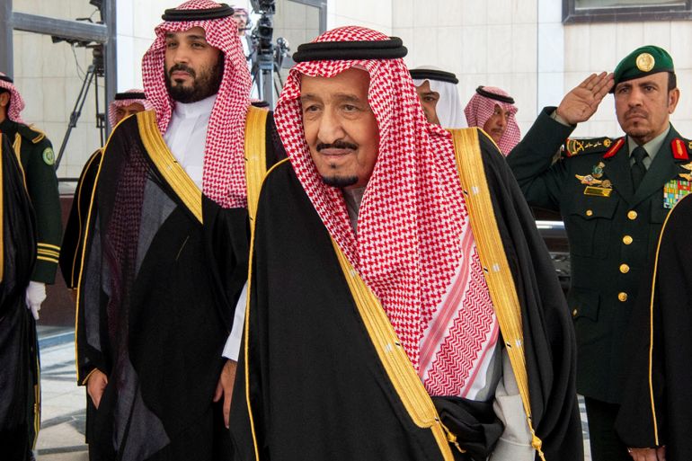 Saudi Arabia's King Salman bin Abdulaziz Al Saud arrives to address the Shura Council in Riyadh, Saudi Arabia November 20, 2019. Bandar Algaloud/Courtesy of Saudi Royal Court/Handout via REUTERS ATTENTION EDITORS - THIS PICTURE WAS PROVIDED BY A THIRD PARTY.