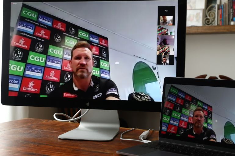 MELBOURNE, AUSTRALIA - APRIL 02: Collingwood Magpies AFL coach Nathan Buckley speaks to the media during a press conference held via Zoom on-line on April 02, 2020 in Melbourne, Australia. (Photo by Robert Cianflone/Getty Images)