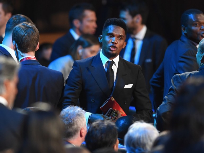 MOSCOW, RUSSIA - DECEMBER 01: Samuel Eto'o makes his way to his seat during the Final Draw for the 2018 FIFA World Cup Russia at the State Kremlin Palace on December 1, 2017 in Moscow, Russia. (Photo by Shaun Botterill/Getty Images)