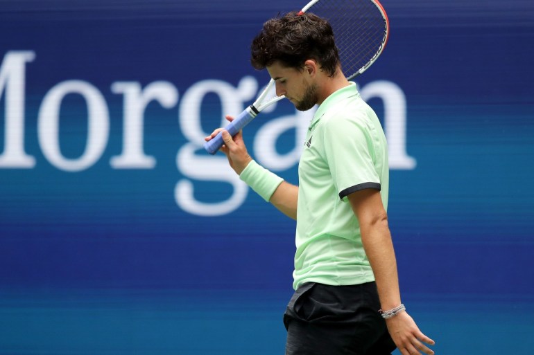NEW YORK, NEW YORK - AUGUST 27: Dominic Thiem of Austria reacts during his Men's Singles first round match against Thomas Fabbiano of Italy on day two of the 2019 US Open at the USTA Billie Jean King National Tennis Center on August 27, 2019 in the Flushing neighborhood of the Queens borough of New York City. Elsa/Getty Images/AFP== FOR NEWSPAPERS, INTERNET, TELCOS & TELEVISION USE ONLY ==