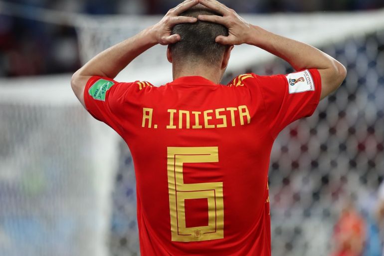 KALININGRAD, RUSSIA - JUNE 25: Andres Iniesta of Spain reacts during the 2018 FIFA World Cup Russia group B match between Spain and Morocco at Kaliningrad Stadium on June 25, 2018 in Kaliningrad, Russia. (Photo by Julian Finney/Getty Images)