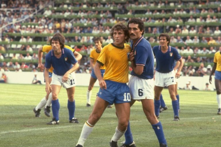 5 Jul 1982: Zico (left) of Brazil and Claudio Gentile of Italy mark each other during the World Cup Second Round match at the Sarria Stadium in Barcelona, Spain. Italy won the match 3-2.  Mandatory Credit: Allsport UK /Allsport