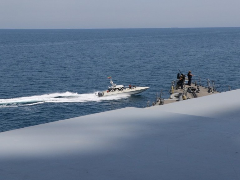 An Iranian Islamic Revolutionary Guard Corps Navy (IRGCN) vessel, one of several to maneuver in what the U.S. Navy says are