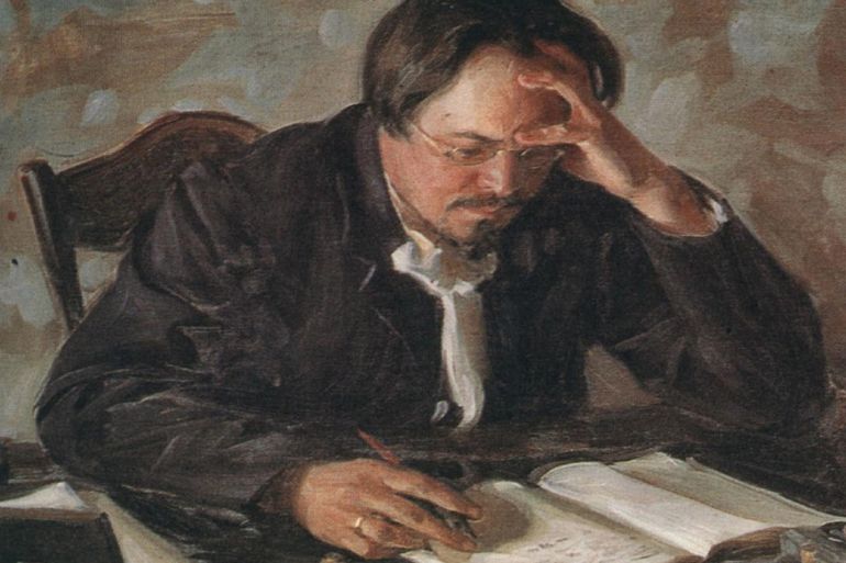 لوحة للروائي الروسي والكاتب المسرحي إيفنجيني شيريكوف يكتب نصاً أدبياً في عزلته