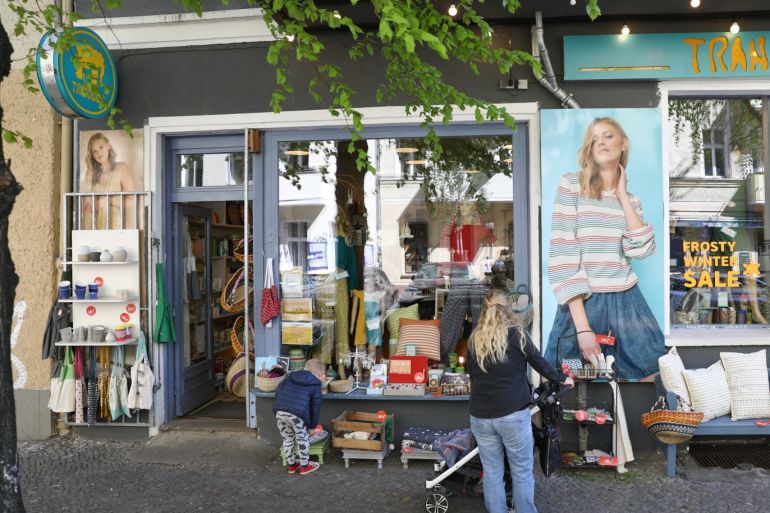 A re-opened shop is pictured in the district of Friedrichshain, as the spread of the coronavirus disease (COVID-19) continues in Berlin, Germany, April 22, 2020. REUTERS/Christian Mang