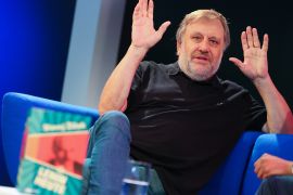 epa07087612 Slovenian philosopher Slavoj Zizek speaks at the authors' forum 'Blue Sofa' during the book fair 'Frankfurter Buchmesse 2018', in Frankfurt am Main, Germany, 12 October 2018. The 70th edition of the international Frankfurt Book Fair, described as the 'world's most important fair for the print and digital content business' runs from 10 to 14 October and gathers authors, writers and celebrities from all over the world. This year's Guest of Honour country is Georgia. EPA-EFE/HAYOUNG JEON
