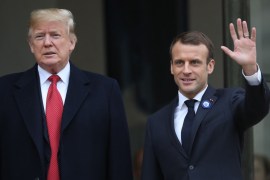 US President Donald Trump at the Elysee Palace- - PARIS, FRANCE - NOVEMBER 10: French President Emmanuel Macron (R) welcomes U.S. President Donald Trump (L) at the Elysee Palace in Paris, France on November 10, 2018.
