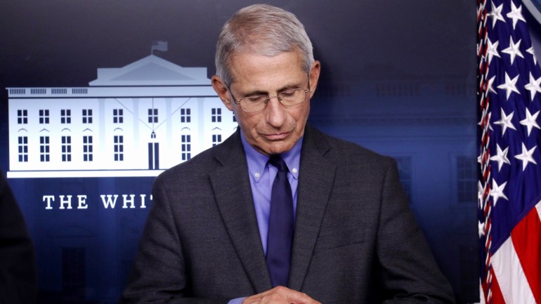 National Institute of Allergy and Infectious Diseases Director Dr. Anthony Fauci attends the daily coronavirus task force briefing at the White House in Washington, U.S., April 13, 2020. REUTERS/Leah Millis