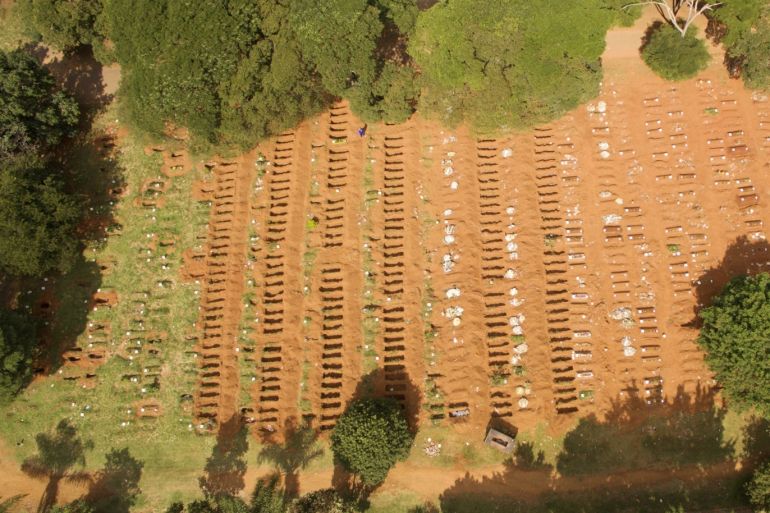 Graveyard of the Covid-19 victims in Sao Paulo- - SAO PAULO, BRAZIL - APRIL 13: An aerial view of the graveyard, where the dead bodies of the coronavirus (Covid-19) pandemic victims were buried in Sao Paulo, Brazil on April 13, 2020.