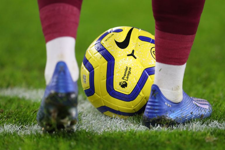LEICESTER, ENGLAND - JANUARY 22: The Nike Merlin ball at the feet of a player during the Premier League match between Leicester City and West Ham United at The King Power Stadium on January 22, 2020 in Leicester, United Kingdom. (Photo by Catherine Ivill/Getty Images)