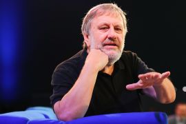 epa07087616 Slovenian philosopher Slavoj Zizek speaks at the authors' forum 'Blue Sofa' during the book fair 'Frankfurter Buchmesse 2018', in Frankfurt am Main, Germany, 12 October 2018. The 70th edition of the international Frankfurt Book Fair, described as the 'world's most important fair for the print and digital content business' runs from 10 to 14 October and gathers authors, writers and celebrities from all over the world. This year's Guest of Honour country is Georgia. EPA-EFE/HAYOUNG JEON