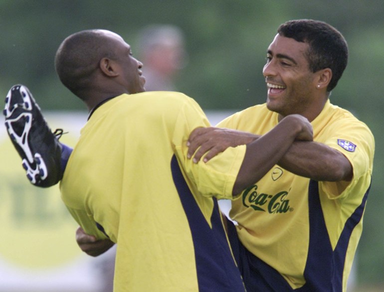 BRAZILIAN STRIKER ROMARIO AND EDILSON DURING TRAINING SESSION IN A SMALL CITY OF JARINU IN SAO PAULO.