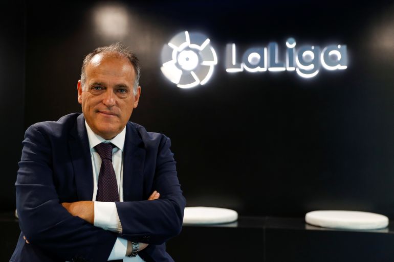 La Liga President Javier Tebas poses during an interview with Reuters at the La Liga headquarters in Madrid