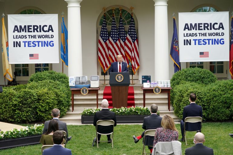 U.S. President Donald Trump addresses a coronavirus disease (COVID-19) outbreak press briefing in the Rose Garden at the White House in Washington, U.S., May 11, 2020. REUTERS/Kevin Lamarque