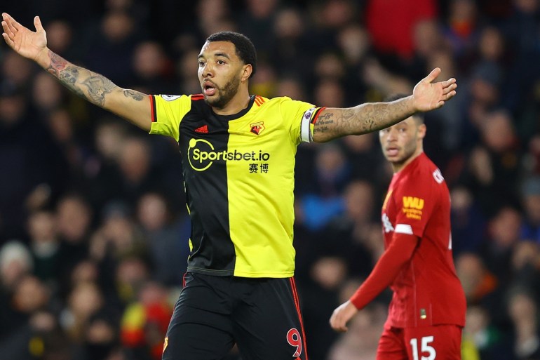 WATFORD, ENGLAND - FEBRUARY 29: Troy Deeney of Watford reacts during the Premier League match between Watford FC and Liverpool FC at Vicarage Road on February 29, 2020 in Watford, United Kingdom. (Photo by Julian Finney/Getty Images)