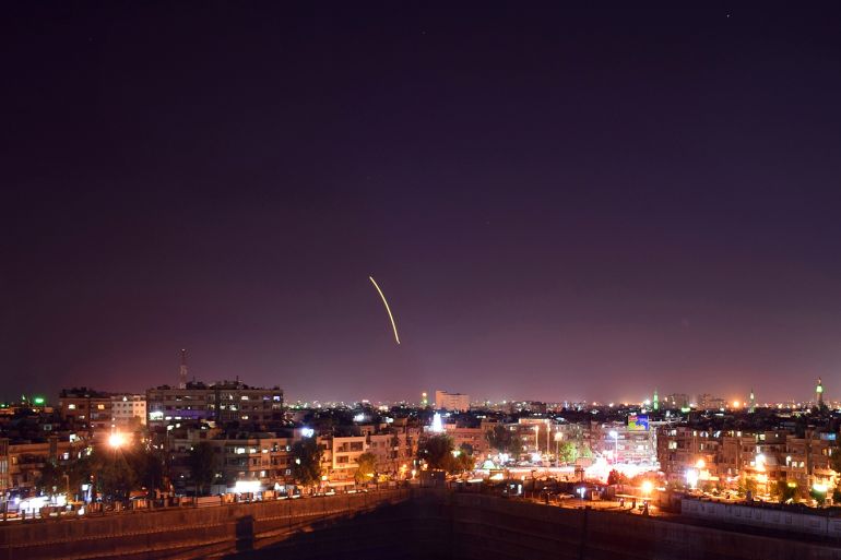 epa07023678 A handout photo made available by the Syria's Arab News Agency (SANA) shows a missile over the Damascus International Airport, in Damascus, Syria, 15 September 2018. According to State News Agency SANA reports, the Syrian Arab Army's air defenses responded to an alleged Israeli missile attack on Damascus International Airport and shot down a number of enemy missiles.  EPA-EFE/SANA HANDOUT  HANDOUT EDITORIAL USE ONLY/NO SALES