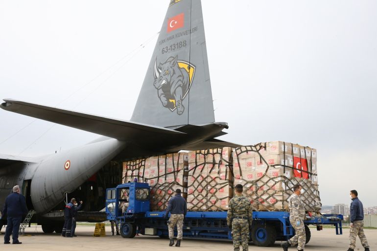 Turkey stands in solidarity with US against COVID-19- - ANKARA, TURKEY - APRIL 30: Second batch of Turkey's medical aid packages are being loaded onto a military cargo plane, that will deliver them to United States to support the fight against coronavirus (COVID-19) pandemic, in Ankara, Turkey on April 30, 2020.