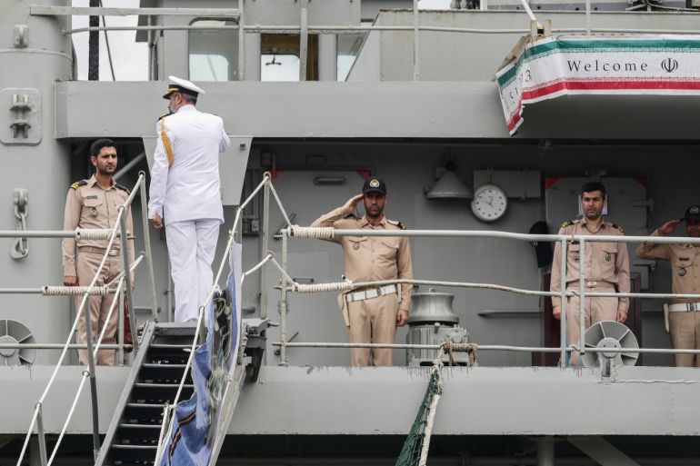 Islamic Republic of Iran Navy ship 'Kharg' visits Indonesia- - JAKARTA, INDONESIA - FEBRUARY 27: Iranian navy stand on the Kharg ship at Tanjung Priok port in Jakarta, Indonesia on February 27, 2020. The Kharg ship visit is part of 70th diplomatic relationship Islamic Republic of Iran-Republic of Indonesia. Kharg starts the journey from Abbas harbour in Iran, carries 300 Iranian navy student who will do sport activity together with the Indonesian navy during docked in Jakarta 25-28 February.