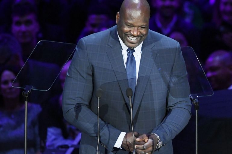 LOS ANGELES, CALIFORNIA - FEBRUARY 24: Shaquille O'Neal speaks during The Celebration of Life for Kobe & Gianna Bryant at Staples Center on February 24, 2020 in Los Angeles, California. Kevork Djansezian/Getty Images/AFP== FOR NEWSPAPERS, INTERNET, TELCOS & TELEVISION USE ONLY ==