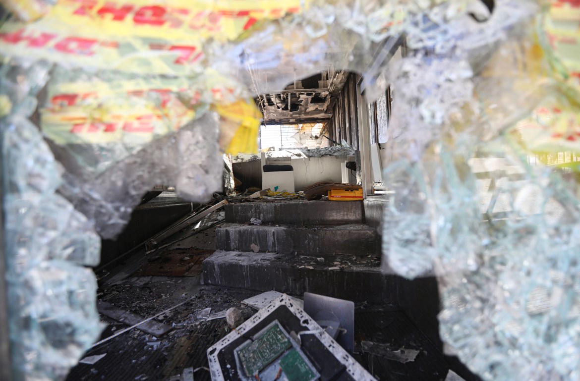 A view shows the damage inside a DHL office that was set ablaze during overnight protests in Beirut