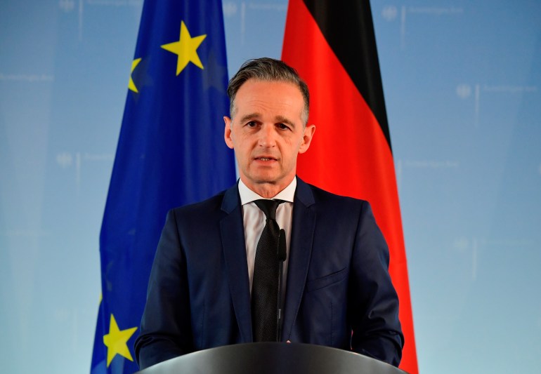 German Foreign Minister Heiko Maas delivers a statement after talks with EU Foreign Ministers in Berlin
