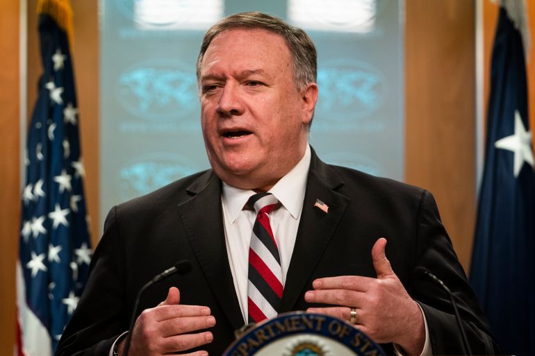 epa08301770 US Secretary of State Mike Pompeo speaks to the media about the coronavirus COVID-19 pandemic, which he referred to as the 'Wuhan virus', at the State Department in Washington, DC, USA, 17 March 2020. Efforts to contain the pandemic have caused travel disruptions, sporting event cancellations, runs on cleaning supplies and food and other inconveniences. EPA-EFE/JIM LO SCALZO