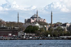 epa08394353 A dolphin swims in the Bosphorus in front of the Hagia Sophia Museum on a sunny day in Istanbul, Turkey, 30 April 2020, amid the ongoing coronavirus COVID-19 pandemic. Turkish President Recep Tayip Erdogan announced that there will be...
