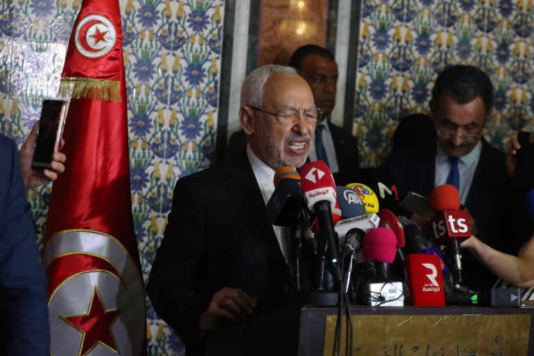 epa08574732 Tunisian Parliament Speaker Rached Ghannouchi (L) speaks at a press conference following a plenary session at the Assembly of the People's Representatives (ARP) in Tunis, Tunisia, 31 July 2020. Rached Ghannouchi, leader of the Ennahdha...