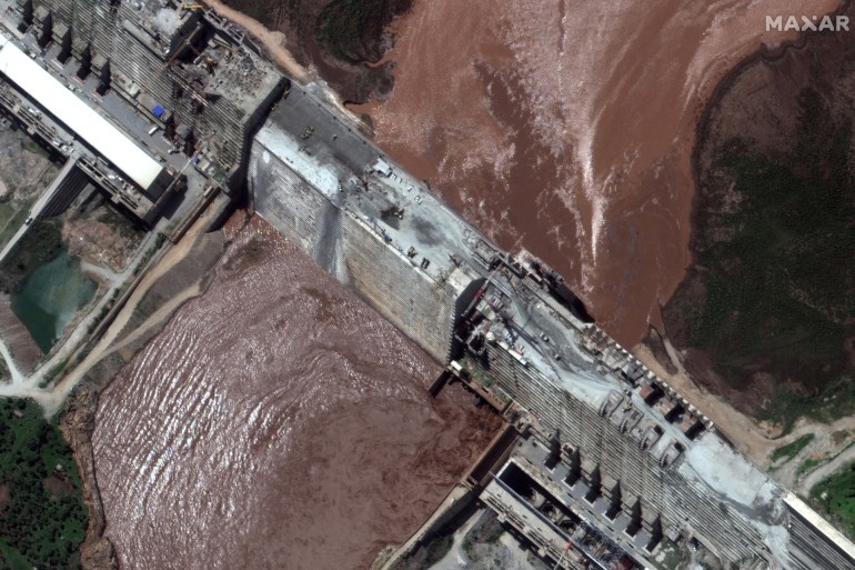 A handout satellite image shows a closeup view of the Grand Ethiopian Renaissance Dam and the Blue Nile River in Ethiopia