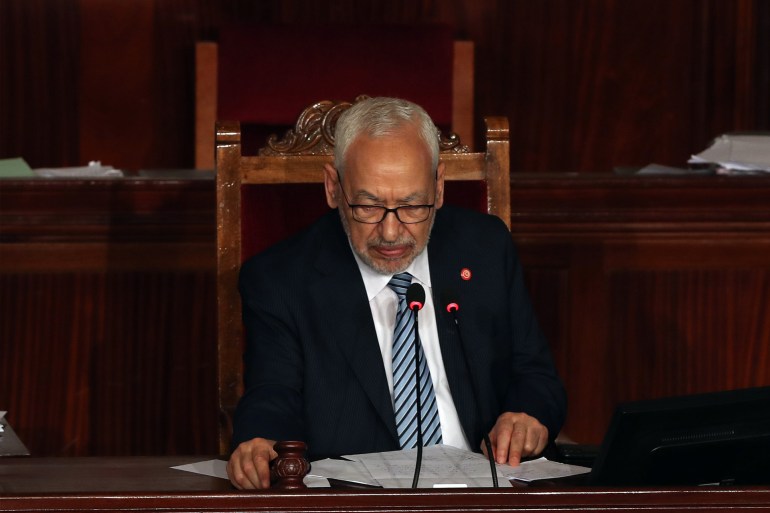 epa08475518 Tunisia's Parliament Speaker Rached Ghannouchi presides over a parliamentary session to discuss a motion submitted by Seifeddine Makhlouf through the Al Karama Coalition , of a draft regulation relating to the request to the French State to apologize to the Tunisian people for their crimes during the colonial era, at the Assembly of People's Representatives (ARP) in Tunis, Tunisia, 09 June 2020 EPA-EFE/MOHAMED MESSARA