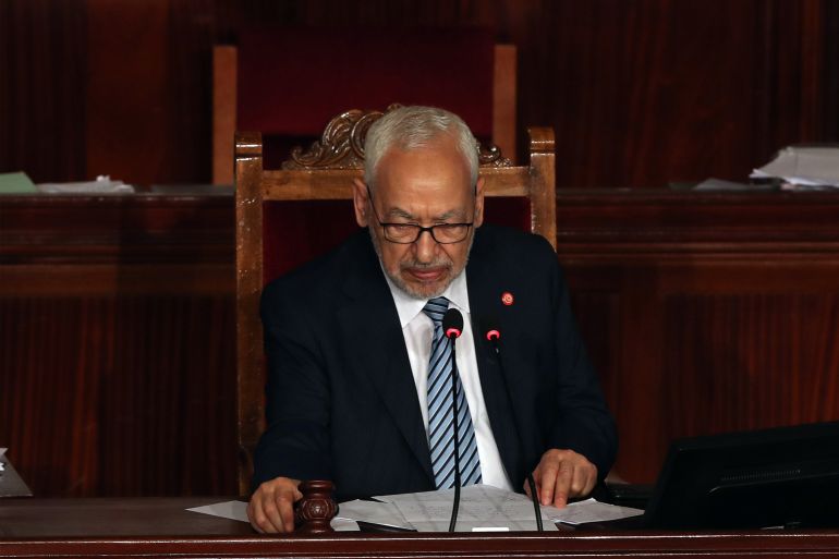 epa08475518 Tunisia's Parliament Speaker Rached Ghannouchi presides over a parliamentary session to discuss a motion submitted by Seifeddine Makhlouf through the Al Karama Coalition , of a draft regulation relating to the request to the French State to apologize to the Tunisian people for their crimes during the colonial era, at the Assembly of People's Representatives (ARP) in Tunis, Tunisia, 09 June 2020 EPA-EFE/MOHAMED MESSARA