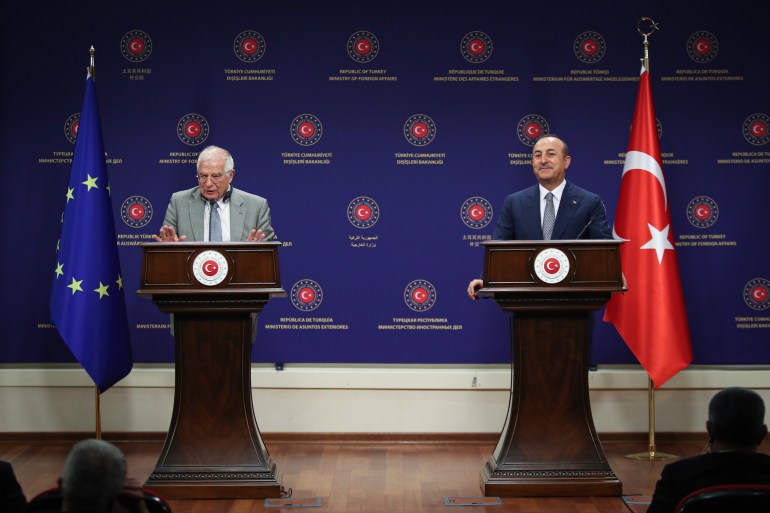 ANKARA, TURKEY - JULY 6: Foreign Minister of Turkey Mevlut Cavusoglu (R) and High Representative of the European Union for Foreign Affairs and Security Policy, Josep Borrell Fontelles (L) give a joint press conference in Ankara, Turkey on July 6, 2020. ( Cem Özdel - Anadolu Agency )