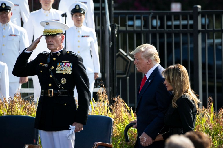 U.S. President Donald Trump speaks during a ceremony marking the 18th anniversary of September 11 attacks at the Pentagon