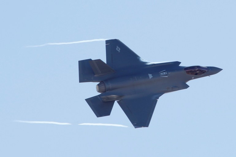 A U.S. Air Force pilot takes off in his Air Force F-35A aircraft from the 388th and 428th Fighter Wings to participate in a combat power exercise, after he formed up in an "elephant walk" exercise at Hill Air Force Base