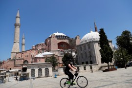 A cyclist rides past the Hagia Sophia or Ayasofya in Istanbul