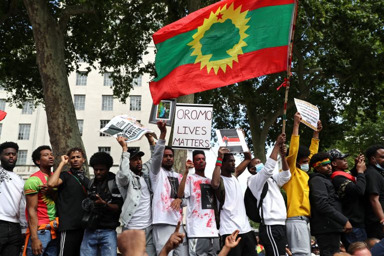 Protest against the treatment of Ethiopia's ethnic Oromo group, in London