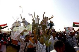 (NCP) National Congress Party supporters gather to congratulate Sudan's President Omar Hassan al-Bashir during victory celebrations at the (NCP) National Congress Party headquarters in Khartoum