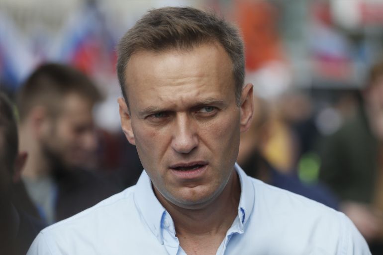 epa08616676 (FILE) - Russian Opposition activist Alexei Navalny attends a rally in support of opposition candidates in the Moscow City Duma elections in downtown of Moscow, Russia, 20 July 2019 (reissued 21 August 2020). A German human rights...