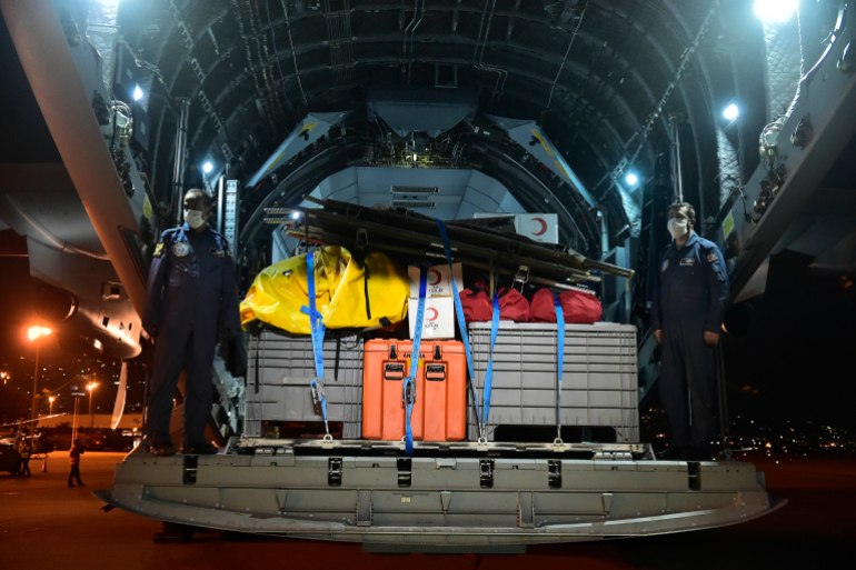 Turkish military aircraft carrying aid, search and rescue team arrives in Beirut- - BEIRUT, LEBANON - AUGUST 06: Turkish military aircraft carrying aid, search and rescue team arrives at Beirut-Rafic Hariri International Airport, in Beirut, Lebanon on August 06, 2020. A Turkish military plane carrying aid and a search and rescue team took off from the Turkish capital Ankara late Wednesday and headed to the Lebanese capital of Beirut following deadly blast which killed at least 135 people and injured thousands. The aircraft was sent on Turkish President Recep Tayyip Erdogan's orders.