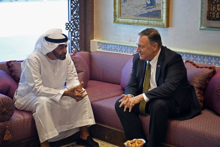 US Secretary of State Mike Pompeo (right) with Abu Dhabi Crown Prince Mohamed bin Zayed al-Nahyan in Abu Dhabi, United Arab Emirates, September 19, 2019. (Mandel Ngan/Pool via AP)