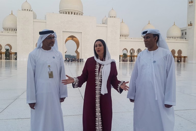 Israel's Culture and Sports Minister Miri Regev, center, visiting the Sheikh Zayed Grand Mosque in Abu Dhabi with UAE officials on October 29, 2018. (Courtesy Chen Kedem Maktoubi) 2