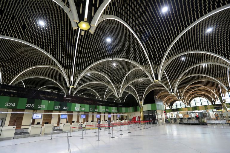 An empty departure hall is seen at Baghdad international Airport, after Iraq has suspended flights at its domestic airports as the coronavirus spreads, in Baghdad