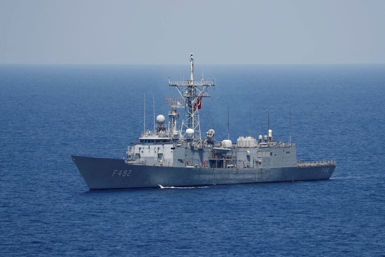 Turkish Navy frigate TCG Gemlik (F-492) escorts Turkish drilling vessel Yavuz in the eastern Mediterranean Sea off Cyprus